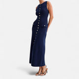 Ancienne Monde | Gebreide Maxi-Jurk met Knoopsluiting voor Dames – Mouwloze Zomerse Elegantie