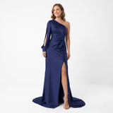 Asymmetrische Avondmaxi-Jurk met Lange Mouw, Split en Open Rug voor Dames