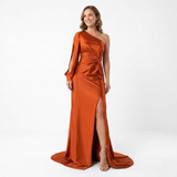 Asymmetrische Avondmaxi-Jurk met Lange Mouw, Split en Open Rug voor Dames