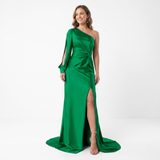 Asymmetrische Avondmaxi-Jurk met Lange Mouw, Split en Open Rug voor Dames