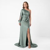 Asymmetrische Avondmaxi-Jurk met Lange Mouw, Split en Open Rug voor Dames