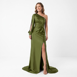 Asymmetrische Avondmaxi-Jurk met Lange Mouw, Split en Open Rug voor Dames