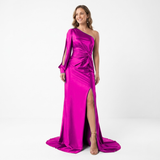 Asymmetrische Avondmaxi-Jurk met Lange Mouw, Split en Open Rug voor Dames