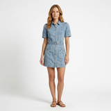 Korte Denim Jurk met Pofmouwen, Ceintuur en Knopen voor Dames