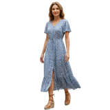 Katoenen Maxi-Jurk met Bloemenprint, V-Hals en Knopen aan de Voorkant voor Dames