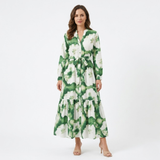 Vloeiende Maxi-Jurk met Bloemenprint, V-Hals en Lange Pofmouwen