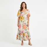 Maxi-Jurk met Bloemenprint, Vierkante Hals en Pofmouwen voor Dames