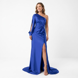 Asymmetrische Avondmaxi-Jurk met Lange Mouw, Split en Open Rug voor Dames