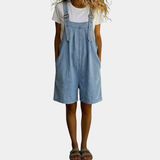 Clara | Korte lichtblauwe denim tuinbroek met vintage wassing