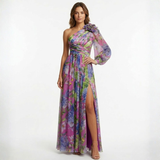 Asymmetrische Avondmaxi-Jurk met Bloemenprint, Chiffon Mouw en Split