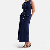 Ancienne Monde | Gebreide Maxi-Jurk met Knoopsluiting voor Dames – Mouwloze Zomerse Elegantie