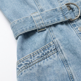 Korte Denim Jurk met Pofmouwen, Ceintuur en Knopen voor Dames