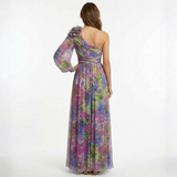 Asymmetrische Avondmaxi-Jurk met Bloemenprint, Chiffon Mouw en Split