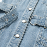 Korte Denim Jurk met Pofmouwen, Ceintuur en Knopen voor Dames