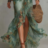 Aurora | Bloemen Maxi-jurk met Romantische Asymmetrische Zoom