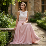 Mouwloze Avondmaxi-Jurk van Kant en Chiffon met Gehaakte Bustier