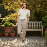 Dames broek van katoenmix met elastische taille en getailleerde pencil-snit