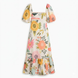 Maxi-Jurk met Bloemenprint, Vierkante Hals en Pofmouwen voor Dames