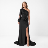 Asymmetrische Avondmaxi-Jurk met Lange Mouw, Split en Open Rug voor Dames
