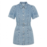 Korte Denim Jurk met Pofmouwen, Ceintuur en Knopen voor Dames