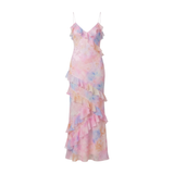 Maxi-Jurk met Bloemenprint, Ruches, V-Hals en Dunne Bandjes