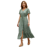 Katoenen Maxi-Jurk met Bloemenprint, V-Hals en Knopen aan de Voorkant voor Dames