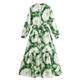Vloeiende Maxi-Jurk met Bloemenprint, V-Hals en Lange Pofmouwen