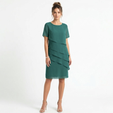 Elegante Chiffon Avondjurk met Gelaagde Ruches en Ronde Hals