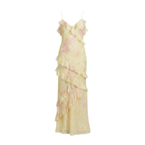 Maxi-Jurk met Bloemenprint, Ruches, V-Hals en Dunne Bandjes