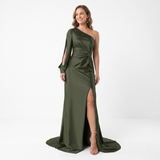 Asymmetrische Avondmaxi-Jurk met Lange Mouw, Split en Open Rug voor Dames