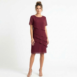 Elegante Chiffon Avondjurk met Gelaagde Ruches en Ronde Hals