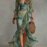 Aurora | Bloemen Maxi-jurk met Romantische Asymmetrische Zoom