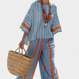 Valeria – Geraffineerde Terracotta Gestreepte Top en Linnen Broek