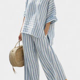 Federica – Geraffineerde Blauw Gestreepte Linnen Top en Casual Broek