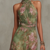Serena | Groene Bloemen Maxi-jurk met Overslag Halslijn