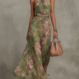 Serena | Groene Bloemen Maxi-jurk met Overslag Halslijn