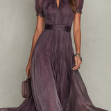 Marie - Chiffon Maxi-jurk met Paarse Keyhole-halslijn