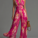 Leabella | Fuchsia Bloemen Jumpsuit met Plooien