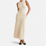 Ancienne Monde | Gebreide Maxi-Jurk met Knoopsluiting voor Dames – Mouwloze Zomerse Elegantie