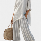Fiorella – Elegante Asymmetrische Blouse en Gestreepte Broek