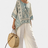 Annalisa – Comfortabele Blouse met Print en Witte Wijde Broek