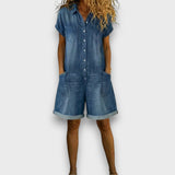 Joan | Korte vintage katoenen denim tuinbroek