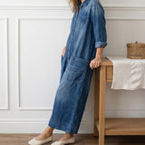 Diana | Vintage gewassen katoenen denim tuinbroek met knoopsluiting
