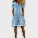 Joan | Korte vintage katoenen denim tuinbroek