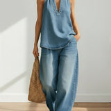Ivy | Zacht gewassen vintage denim tweedelige set